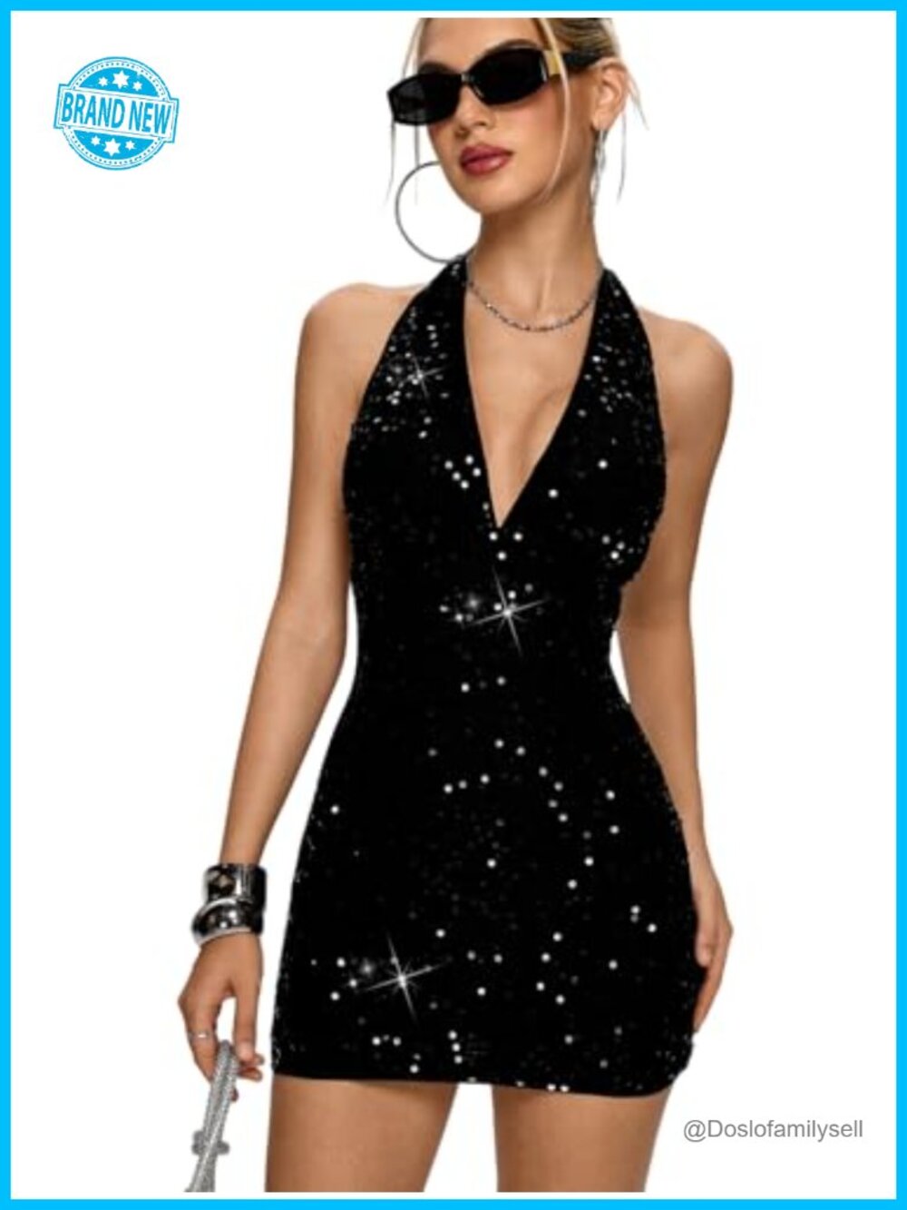 Sequin Sparkly Sleeveless Halter Bodycon Mini Dress Backless V Neck Party